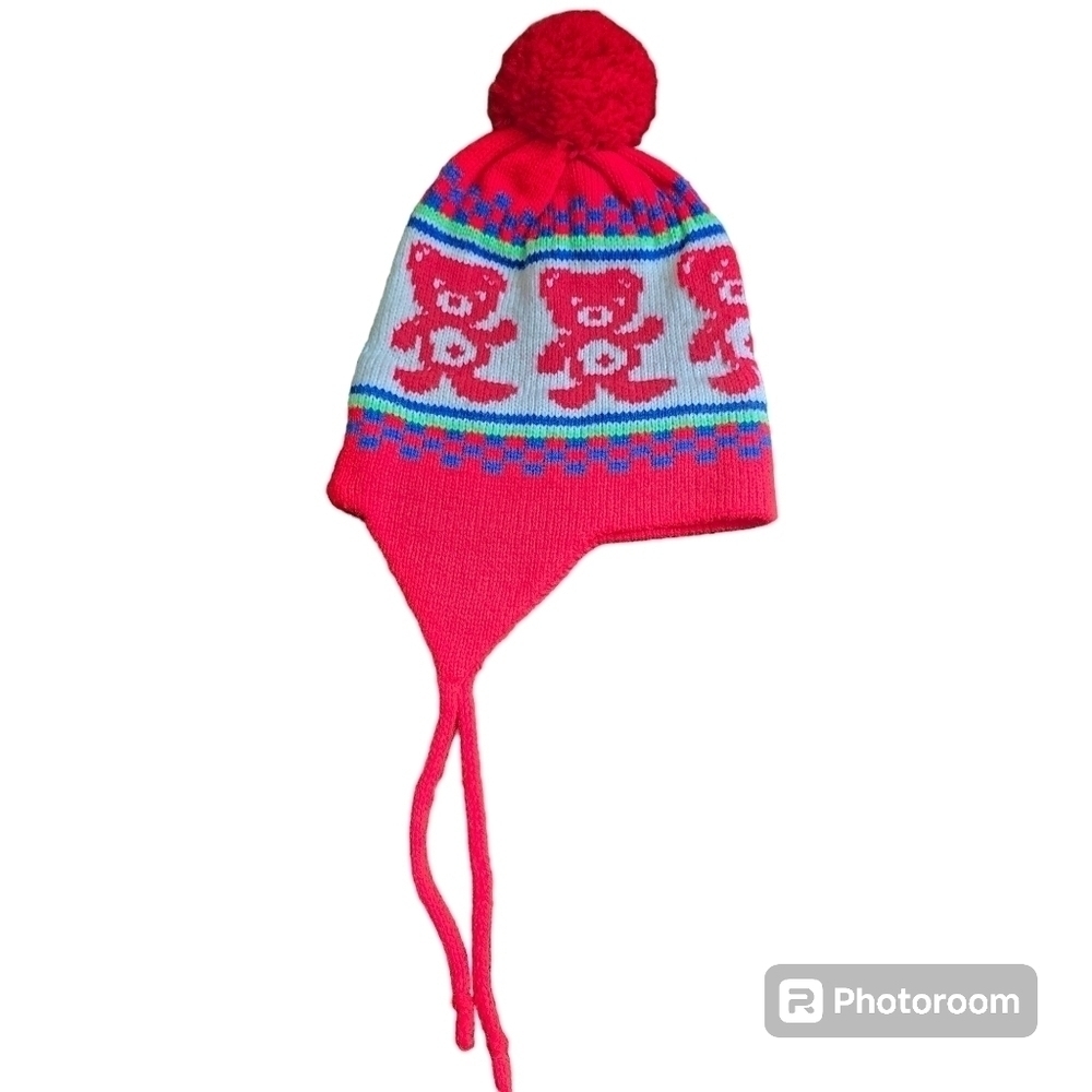 Vintage 80s West Hill Kids Red Knit Teddy Bear Pom Pom Ski Winter Hat